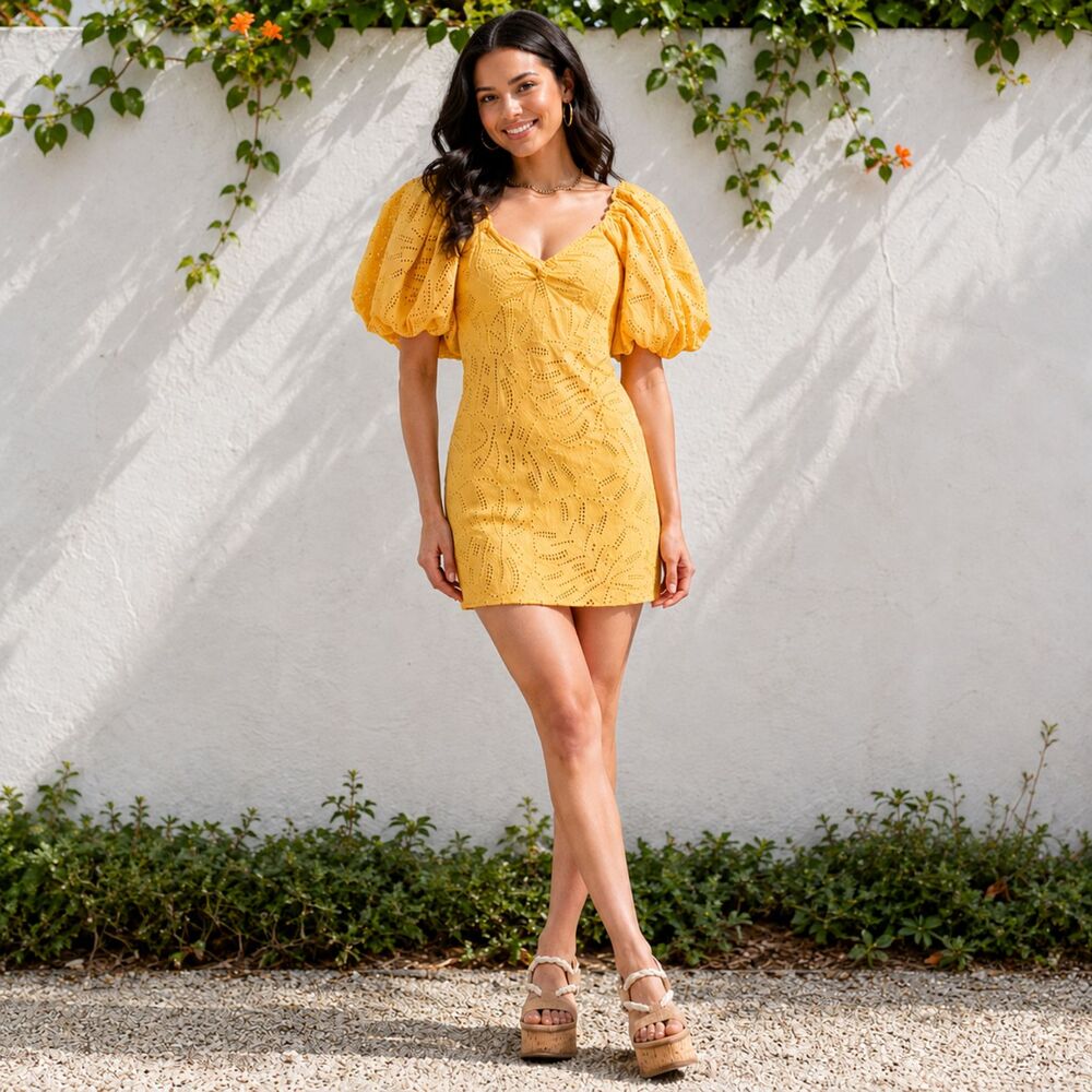 FARM Rio Yellow Eyelet Puff Sleeve Sweetheart Mini Dress XS Cotton NWT